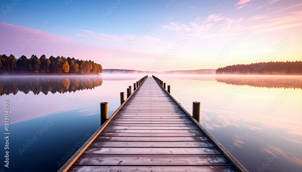 Fototapeta premium A wooden pier stretches across a tranquil lake towards a misty shoreline lined with trees during a serene sunrise.
