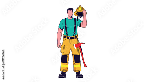 Illustration of a male firefighter in uniform holding his yellow helmet above his head, standing with an axe attached to his belt