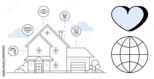 Smart house with connected icons for vision, lighting, plumbing, heating, and security, alongside heart and globe. Ideal for technology, energy, security innovation environment sustainability