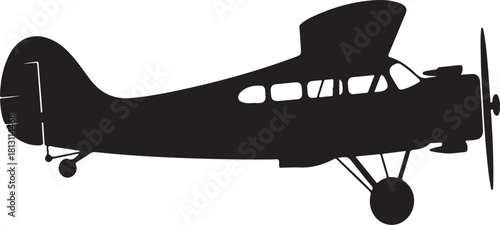 Black silhouette of a vintage propeller airplane with a single engine and wheels aircraft