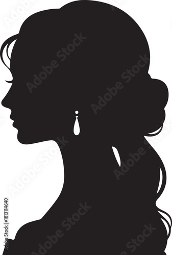 Black silhouette profile of a woman with elegant updo and teardrop earring head face
