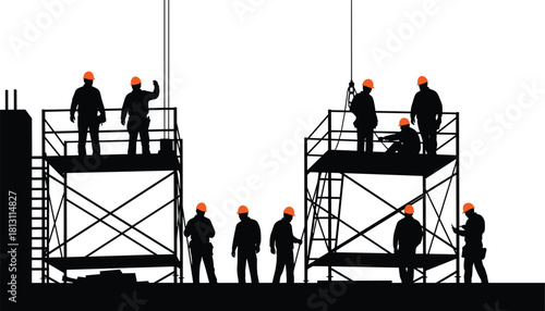 Silhouette of construction worker team wearing hard hat working on scaffolding structure at building site