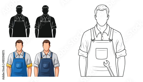 Set of male worker illustrations in different styles including color, silhouette, and line art, wearing overalls or apron