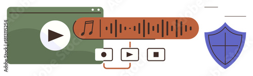 Media player interface featuring audio waveform, play button, playback controls, shield icon for security. Ideal for streaming, multimedia, podcasting, entertainment, security data privacy simple