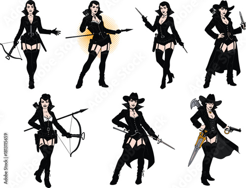 Female warrior silhouette illustration, weapon pose set, black outfit character, gothic combat style, fantasy theme, confident stance, artistic concept, spooky design, vector graphic, Halloween mood