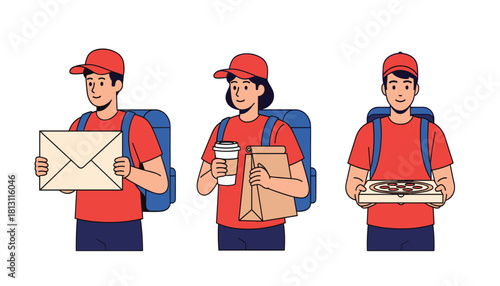 Set of three delivery person characters wearing red shirts and blue backpacks holding different packages like envelope, coffee and food box