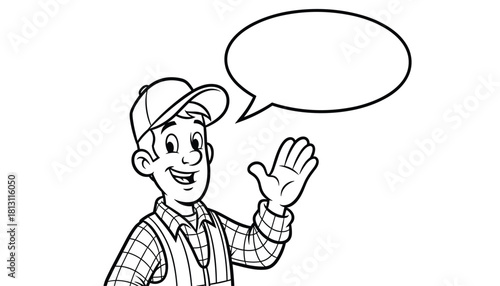 Friendly cartoon worker or handyman wearing a cap and plaid shirt waving hello with a blank speech bubble for text