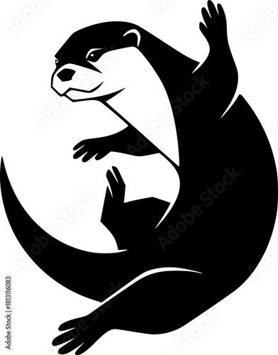 Otter River Acrobat silhouette, Playful Otter silhouette, River Otter Black and White Illustration, Retro Otter Vector, Retro Styled Otter Illustration