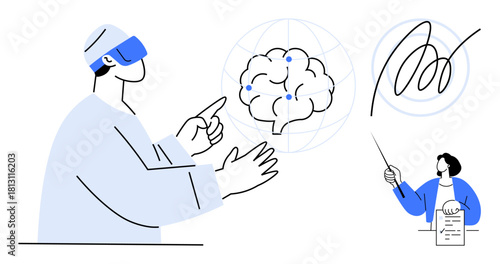 Man using VR headset interacting with brain hologram. Instructor presenting abstract data. Ideal for technology, AI, education, neuroscience, innovation, future design, simple flat metaphor