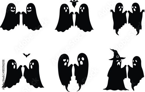 Ghost silhouette set, Halloween vector illustration, spooky character pair, holding hands, bat accent, sad expression, witch figure, black graphic, eerie theme, shadow style