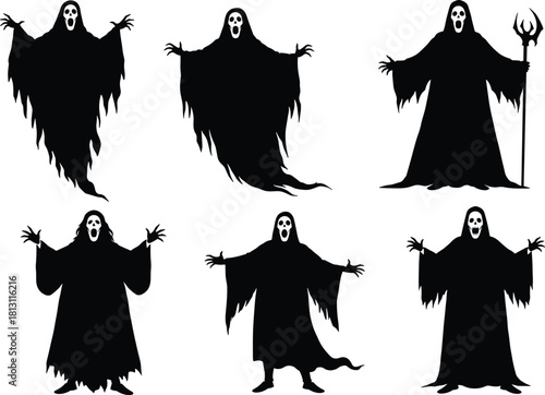 Ghost silhouette, Halloween character, spooky spirit, horror costume, dark robe, skull face, creepy pose, haunted figure, scary monster, fantasy undead, eerie illustration, supernatural theme