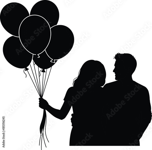 Silhouette of couple holding balloons together, black and white romantic moment scene, celebration concept illustration, emotional connection design, love and joy for stock use