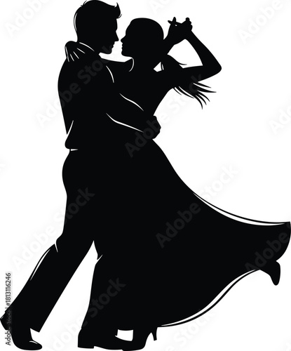 Silhouette of couple dancing gracefully, black and white romantic pose, elegant movement illustration, love and passion concept, ballroom dance design for creative stock use