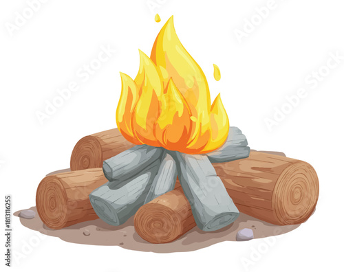 Cartoon Bonfire Illustration with Bright Flames and Wooden Logs Design