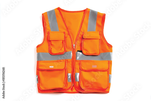 Bright orange high visibility safety vest with pockets and reflective tape