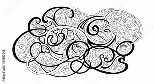 Intricate Abstract Swirls and Patterns Black and White Illustration.