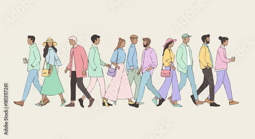 Diverse group of people walking together in a line.
