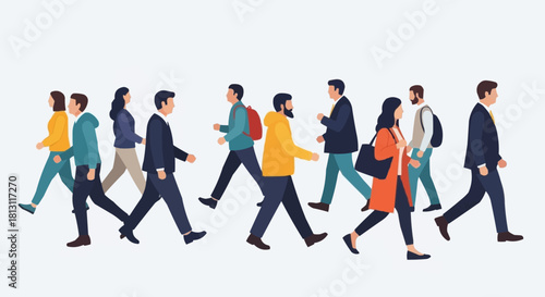 Diverse group of people walking in a line.