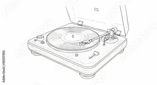 Vintage Turntable Record Player Sketch Drawing.