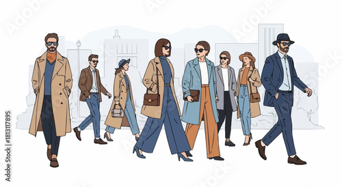 Hand drawn illustration of men and women in street style fashion.