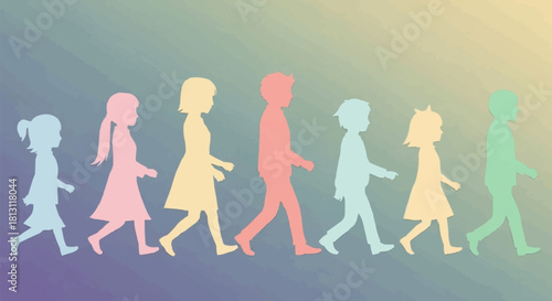 Colorful Silhouettes of Children Walking in a Row Representing Childhood and Growth.