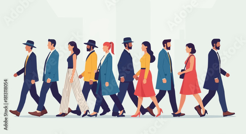 Diverse group of people walking in a line.