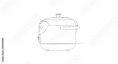 Detailed line drawing of a modern electric rice cooker appliance.