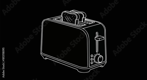 Modern Toaster with Bread Slices Outline on Black Background.