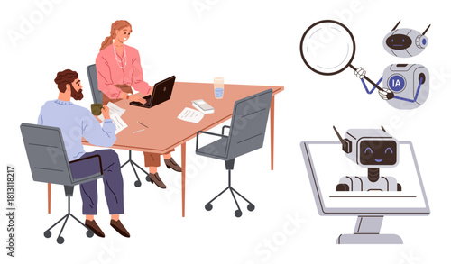 Two people collaborate at a desk with laptops, papers, and discussion, while AI robots inspect data, interact, and provide insights. Ideal for teamwork, innovation, AI technology automation data