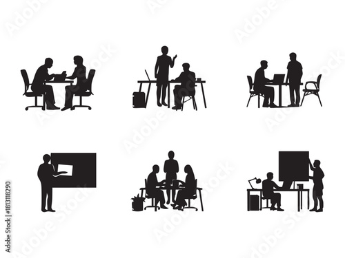 Silhouettes of people in various business meeting and presentation scenarios