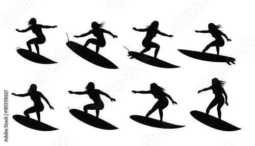 Set of eight female surfer silhouette icons showing different surfing poses and actions