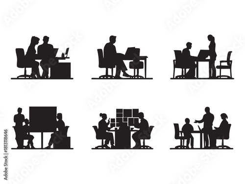 Silhouettes of people in various business meeting and office scenarios