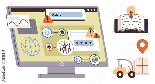 Computer monitor with warning alerts, data breaches, password fields, global connectivity, forklift with packages, and education themes. Ideal for cybersecurity, internet safety, e-commerce