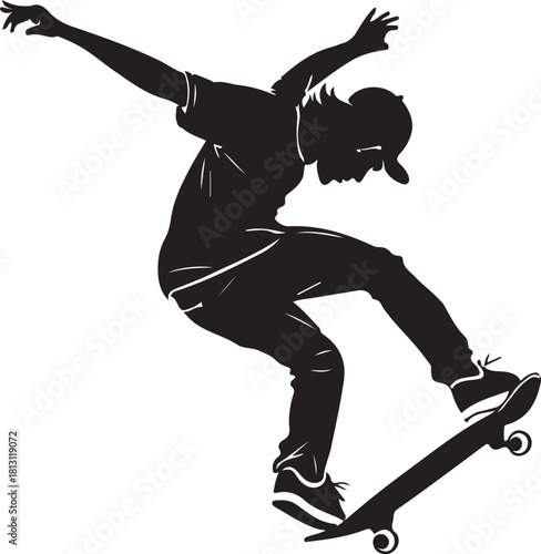 Dynamic black silhouette of a skateboarder performing a trick, crisp clean edges, simple flat vector style, fully isolated on white background