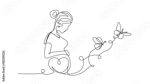 Continuous line drawing of a pregnant woman with butterfly. One line drawing of a pregnant woman. Pregnant belly with heart and butterfly. 