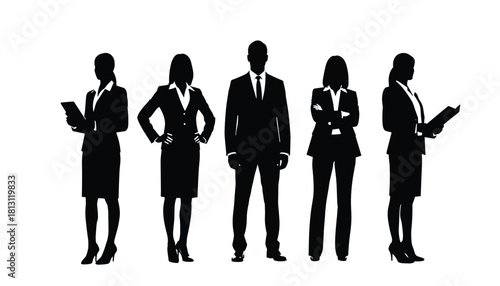 Silhouette of five professional business people standing together in formal attire