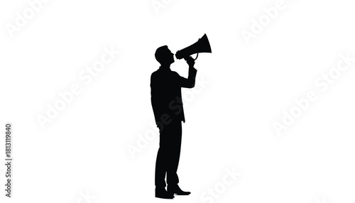 Silhouette of a man in business attire shouting into a megaphone, , symbolizing announcement or public speaking