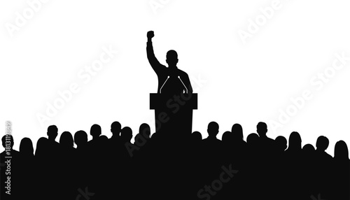 Silhouette of a political leader or activist speaking passionately from a podium with a raised fist, addressing a crowd of supporters in a graphic, highcontrast vector style