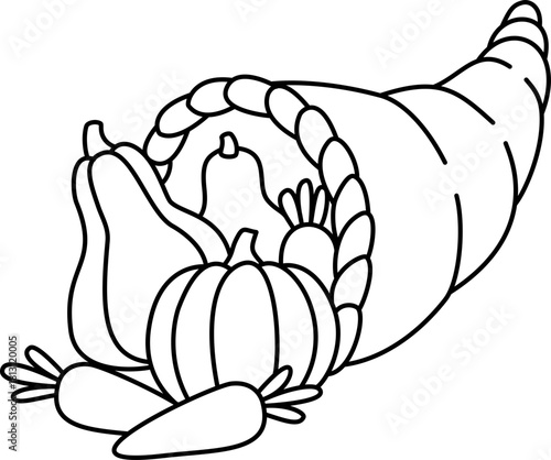 Cornucopia with Carrots and Pumpkins Outline Vector Illustration. Thanksgiving Harvest Display Line Art.