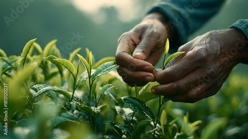 Close-up of experienced hands carefully harvesting vibrant green tea leaves from a lush plantation bush, highlighting traditional agricultural practices.