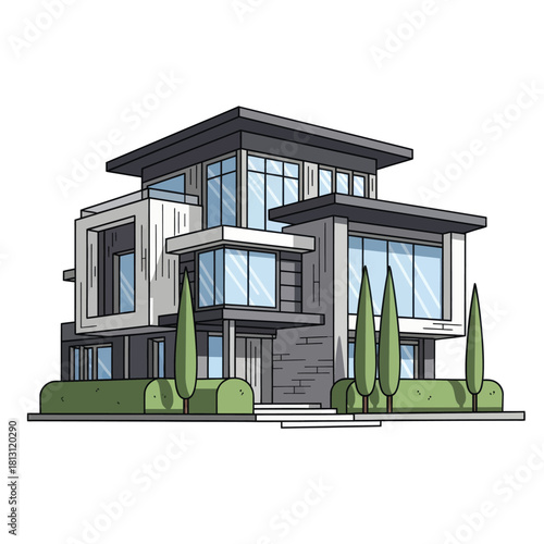 Modern Architectural House Design with Landscaping and Large Windows.