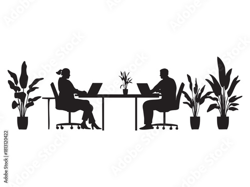 Silhouettes of people working at desks with plants in an office