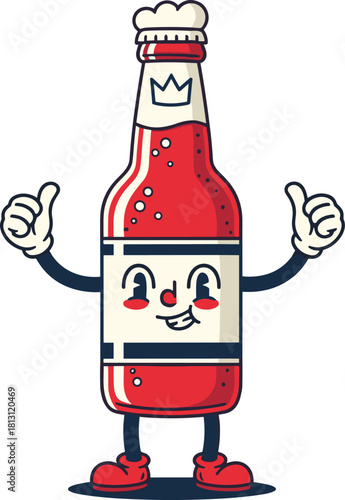 Cheery Vintage Style Red Bottle Mascot Character Giving Double Thumbs Up, Featuring a Crown Cap and Retro Rubber Hose Cartoon Style Illustration