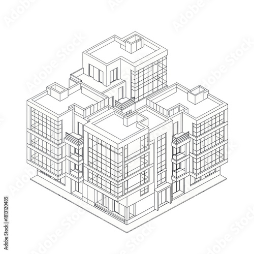 Modern Apartment Building Architectural Drawing Isometric View.