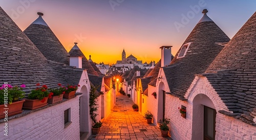 Fototapeta Naklejka Na Ścianę i Meble -  Iconic trulli houses in alberobello italy at sunset with warm golden light illuminating the narrow cobblestone street