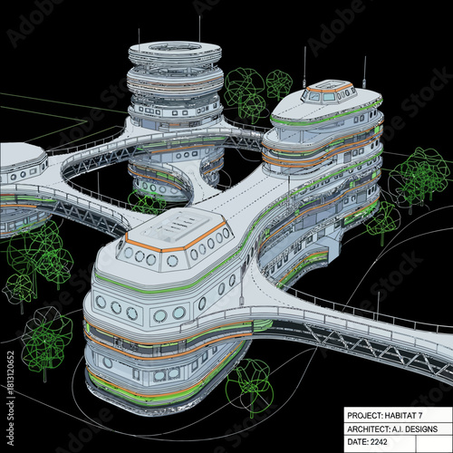Architectural blueprint of a futuristic multi level building concept.