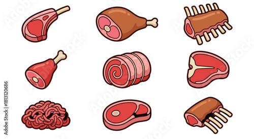 Raw Meat Cuts Icon Set: Steaks, Ribs, and Chops Illustration