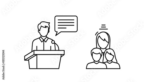 Simple black and white line icon illustration depicting a speaker at a podium with a speech bubble next to a small group of people representing an audience or family