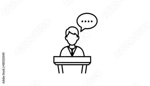 Simple black and white line icon illustration of a person speaking at a podium with an ellipsis speech bubble