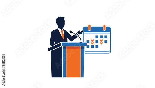 Silhouette of a businessman or politician speaking at a podium next to a calendar with marked dates, symbolizing scheduling, presentation, or event planning